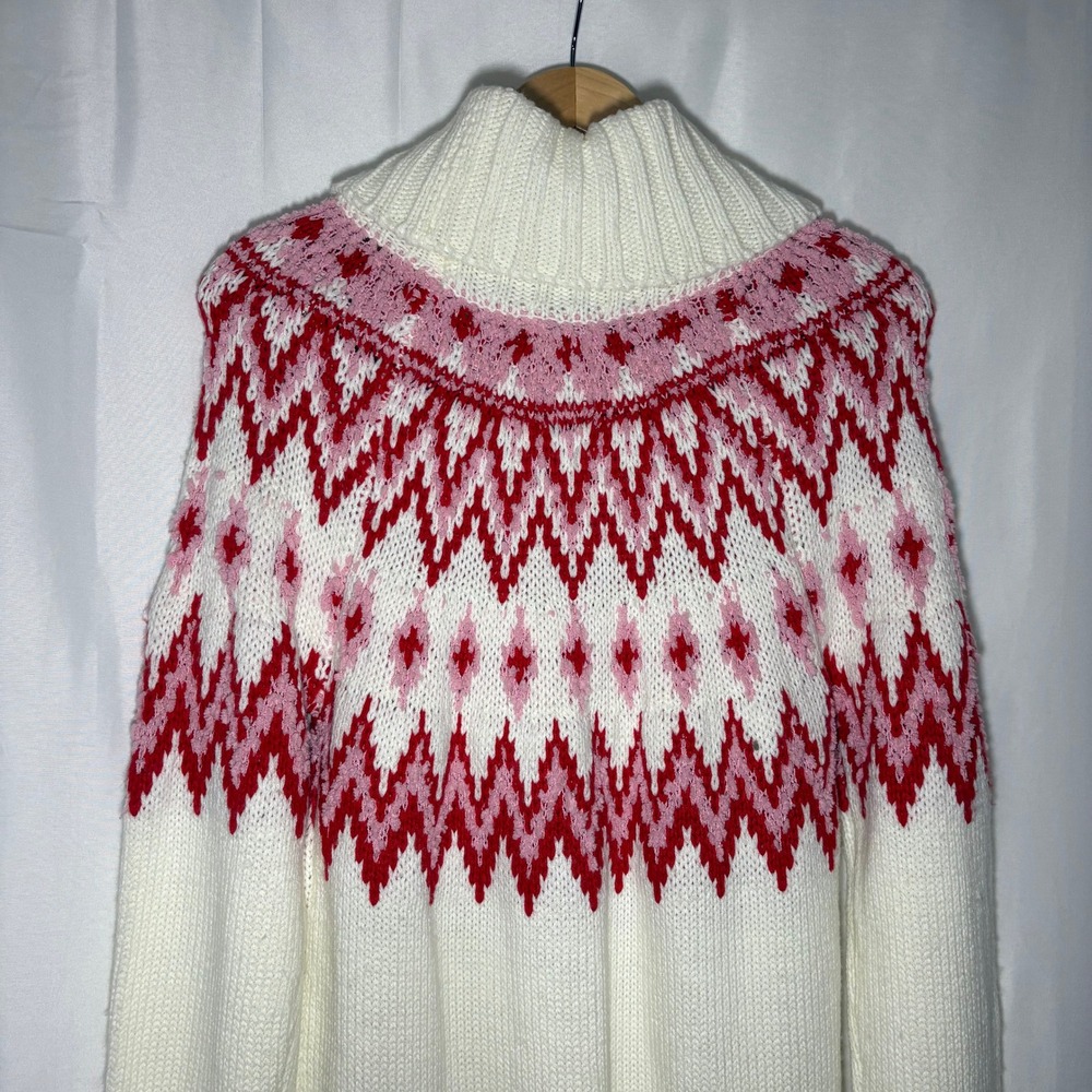 NWT Francesca's LS Fair Isle Cowl Neck Knit Sweater Dress White Red Pink Medium - Picture 10 of 10